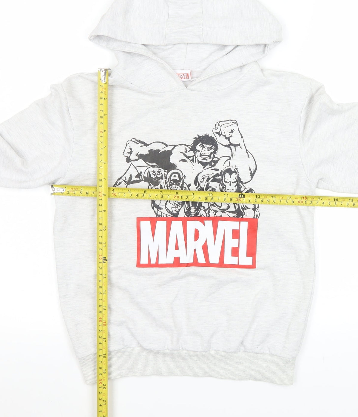 Back view of Marvel boys’ grey hoodie 9-10 years pullover cotton blend avengers print
