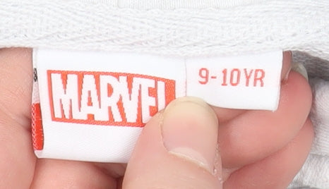 Brand and care label for Marvel boys’ grey hoodie 9-10 years pullover cotton blend avengers print