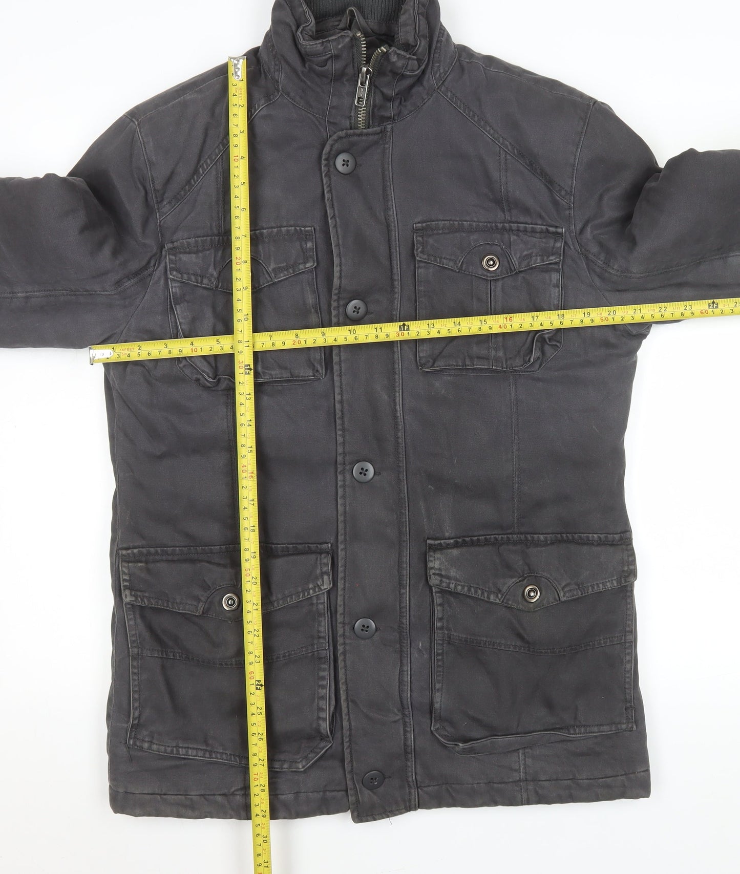 George Men's Black Military Jacket Small Cotton Casual Mid-Length
