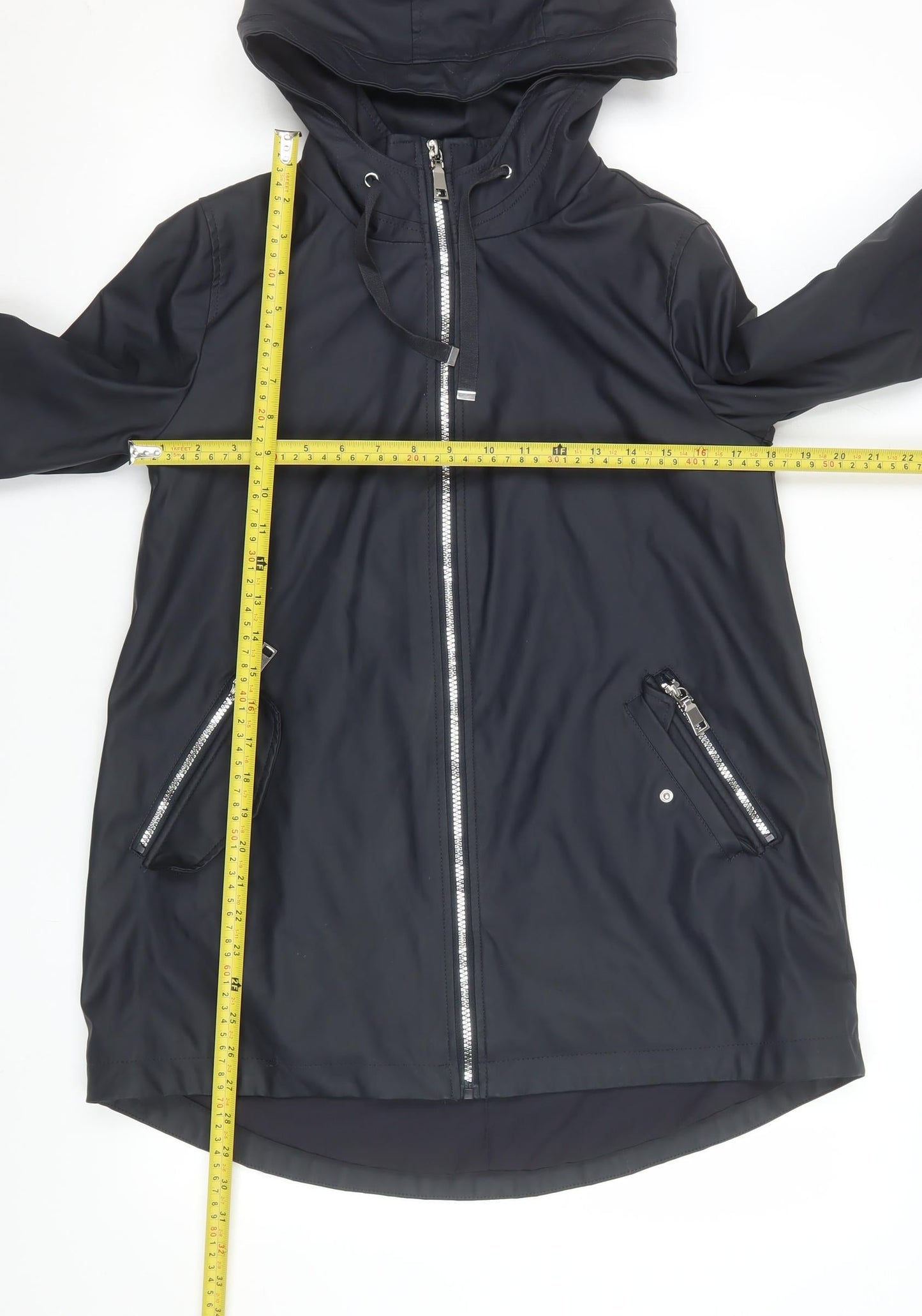 F&F Women’s Black Hooded Waterproof Mid-Length Rain Coat UK 8