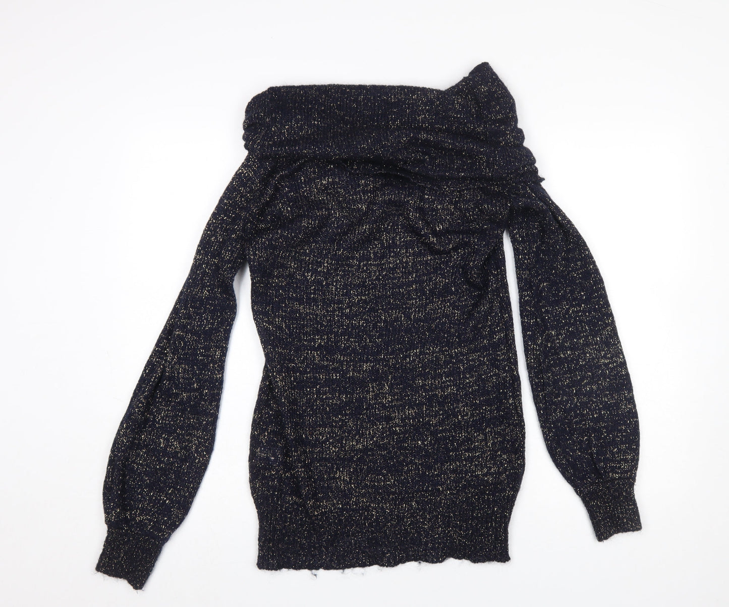 Warehouse Women's Blue Metallic Cowl Neck Jumper Size 12