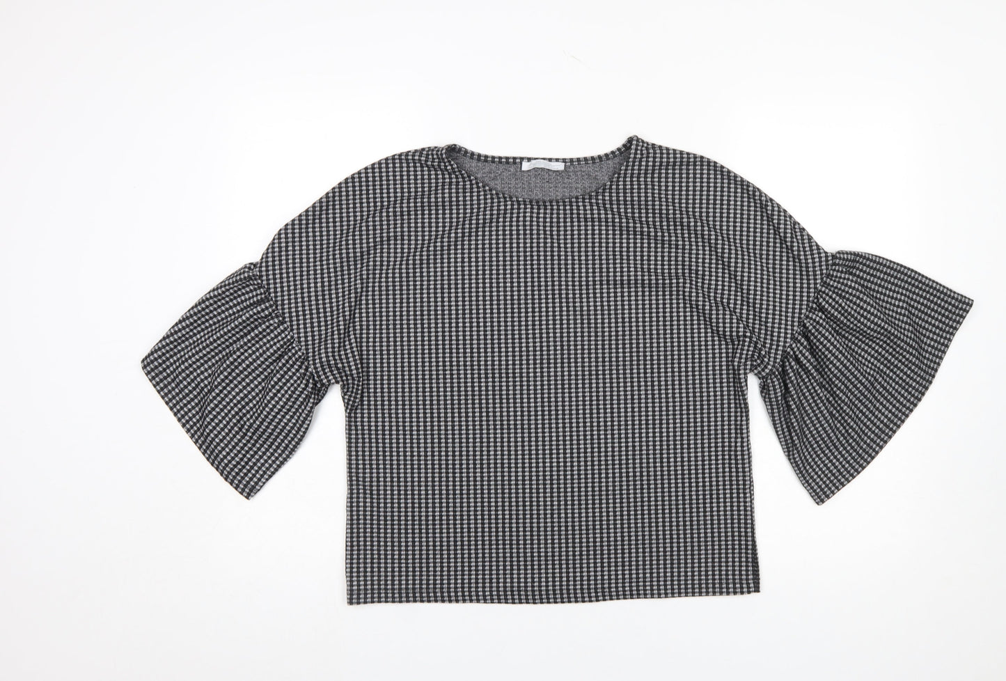 Zara Women Black Check Bell Sleeve Cropped Blouse Size S