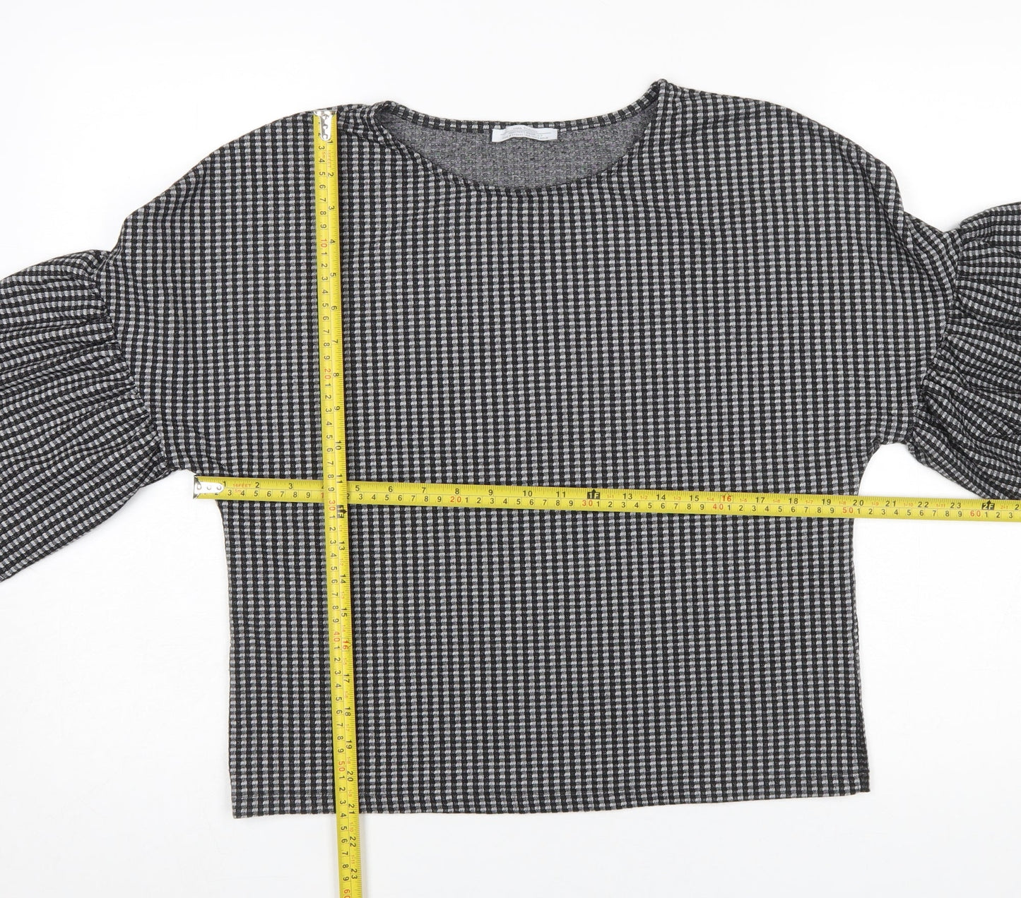 Zara Women Black Check Bell Sleeve Cropped Blouse Size S
