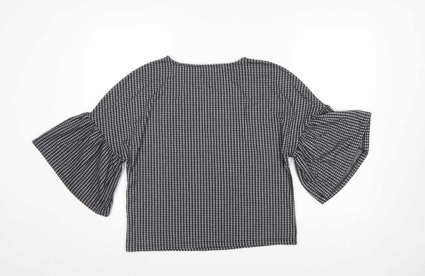 Zara Women Black Check Bell Sleeve Cropped Blouse Size S