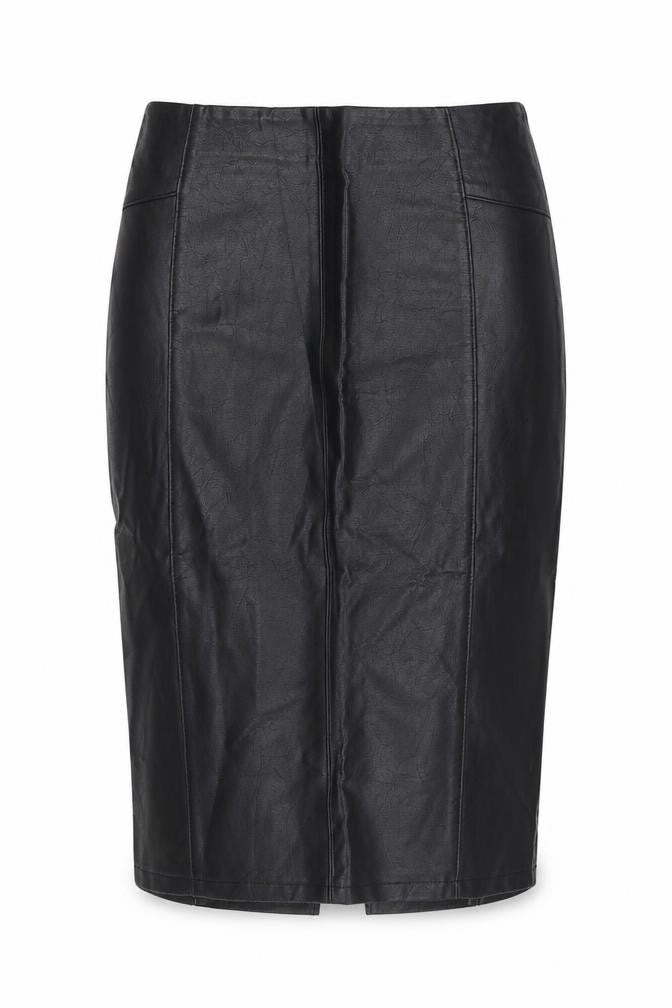 Front view of Papaya Women’s Black Knee Length Faux Leather Pencil Skirt, size UK 8