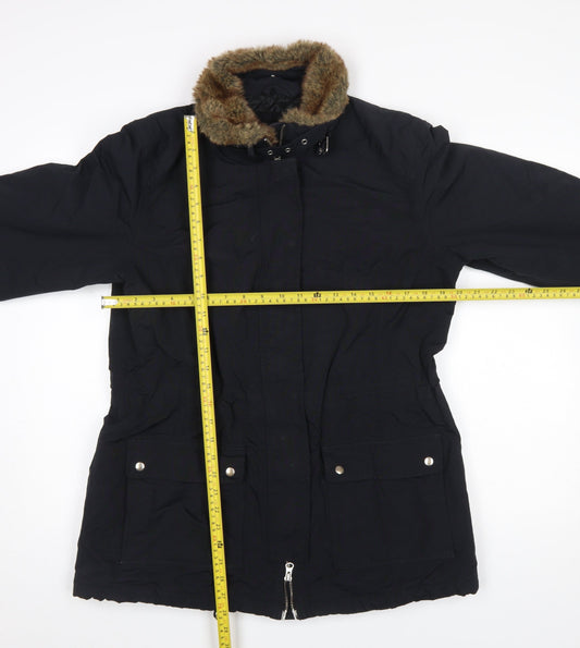 Lands' End Women's Black Faux Fur Trim Long Parka Coat Size M 10-12