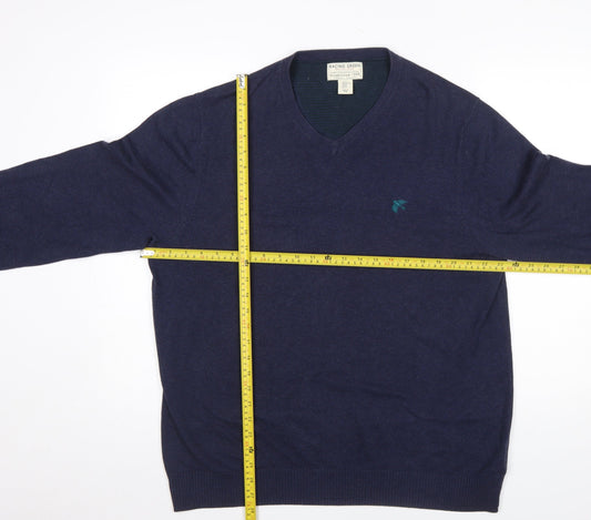 Racing Green Mens Blue Cotton V-Neck Jumper XL Classic Knit