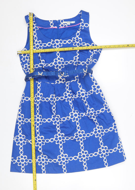 Boden Women's Blue Geometric Belted A-Line Cotton Dress Size 10