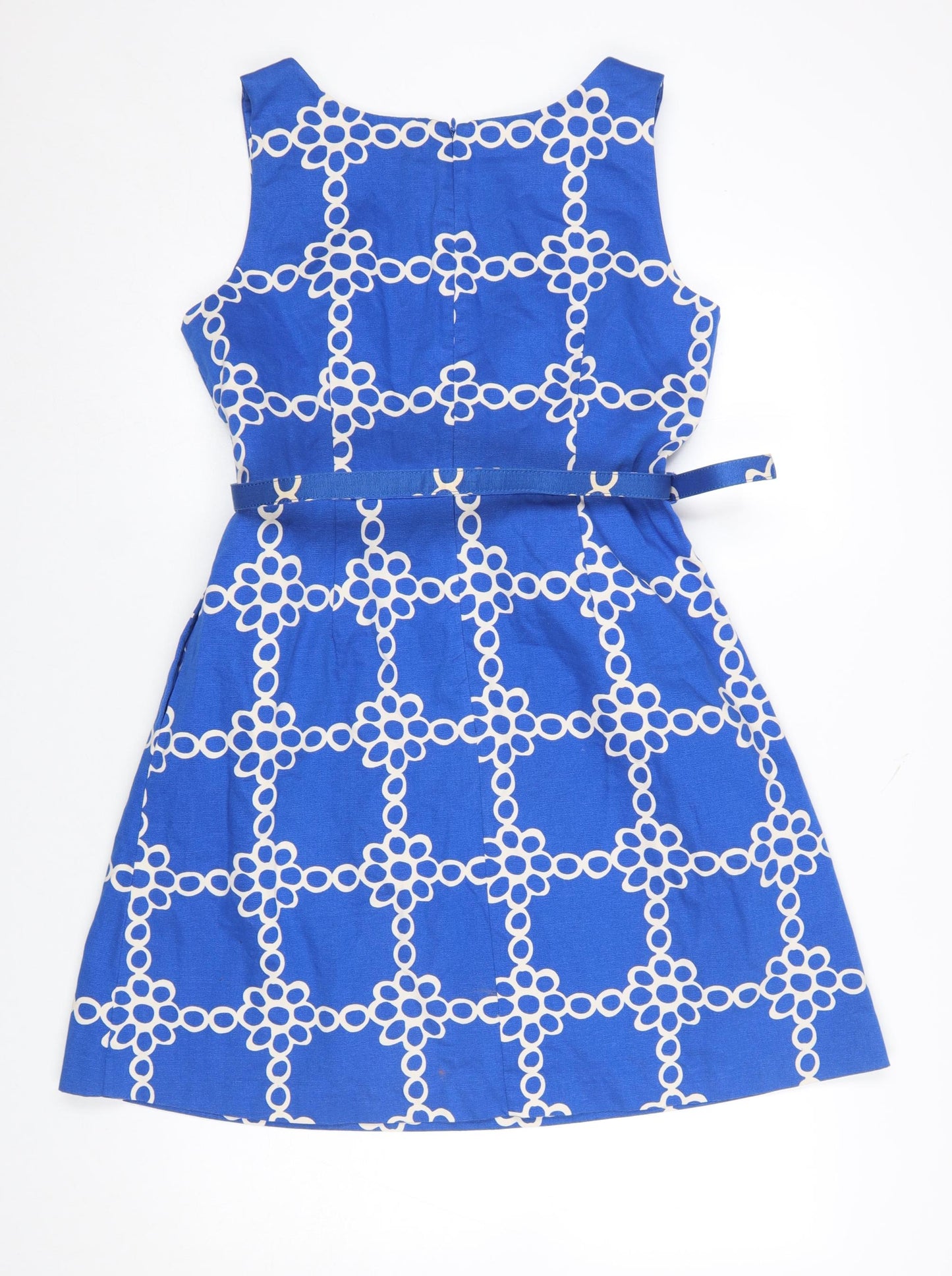 Boden Women's Blue Geometric Belted A-Line Cotton Dress Size 10