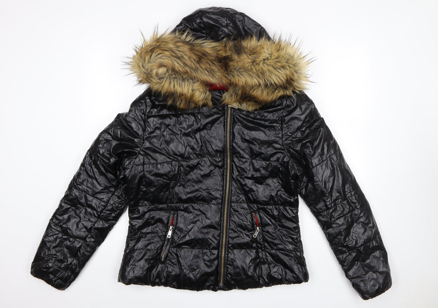 Roiii Women's Black Hooded Puffer Jacket with Faux Fur Trim Size M
