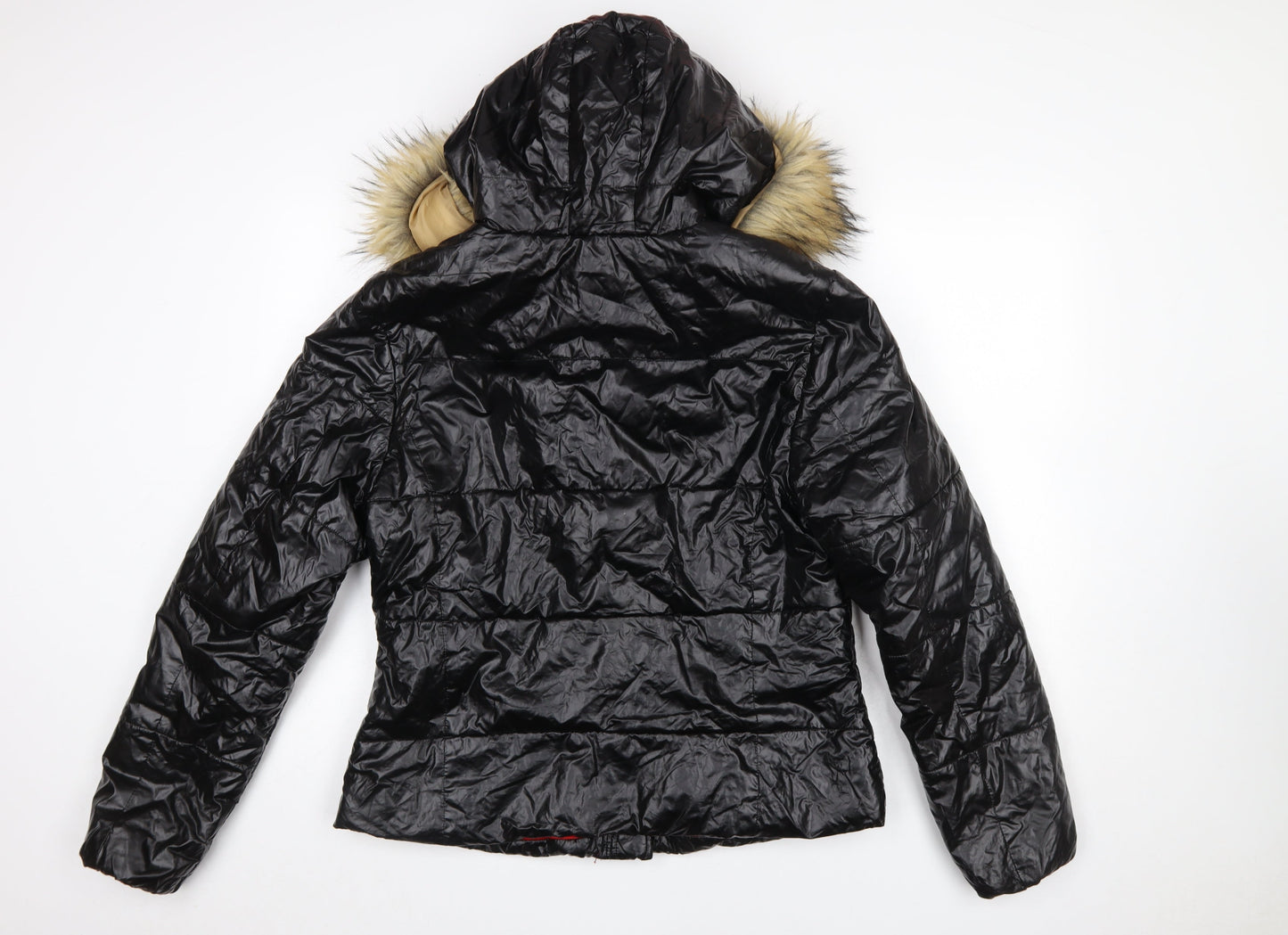 Roiii Women's Black Hooded Puffer Jacket with Faux Fur Trim Size M