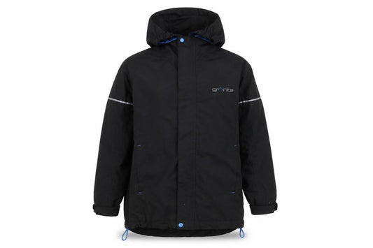 Front view of Granite Outdoors boys’ black hooded waterproof rain coat 9-10 years