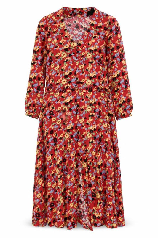 & Other Stories Women Red Floral Midi Dress Size 10 Lyocell Blend Long Sleeve