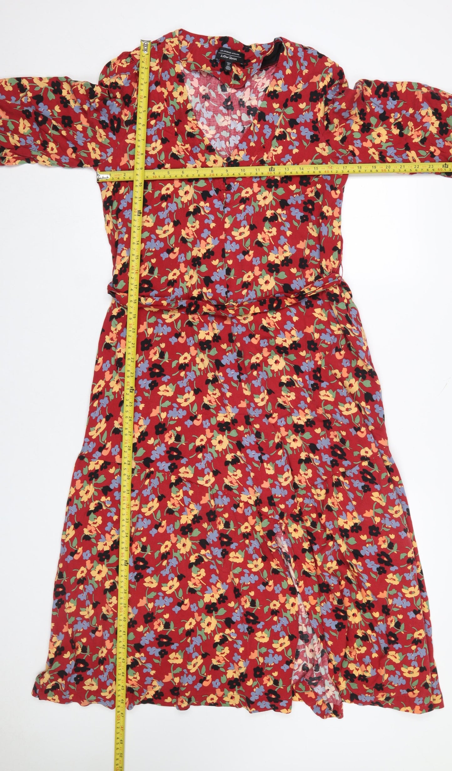 & Other Stories Women Red Floral Midi Dress Size 10 Lyocell Blend Long Sleeve