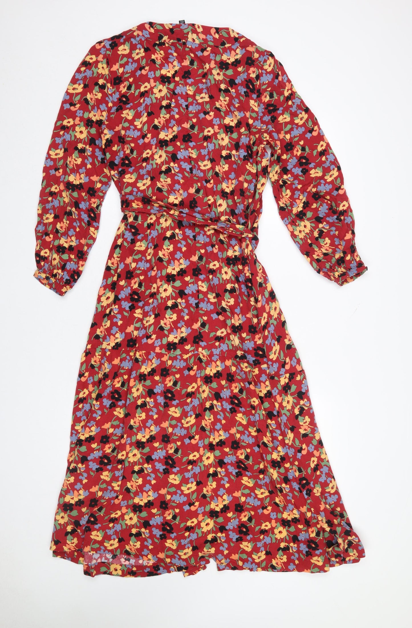 & Other Stories Women Red Floral Midi Dress Size 10 Lyocell Blend Long Sleeve