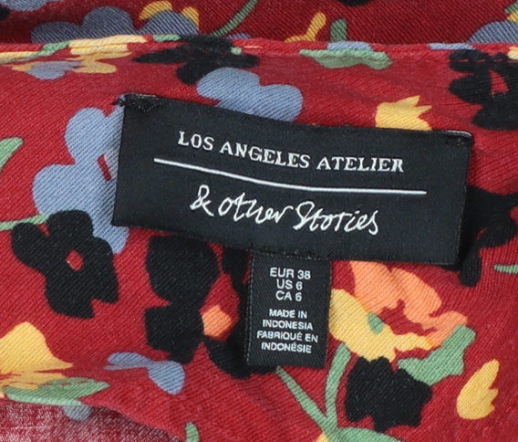 & Other Stories Women Red Floral Midi Dress Size 10 Lyocell Blend Long Sleeve