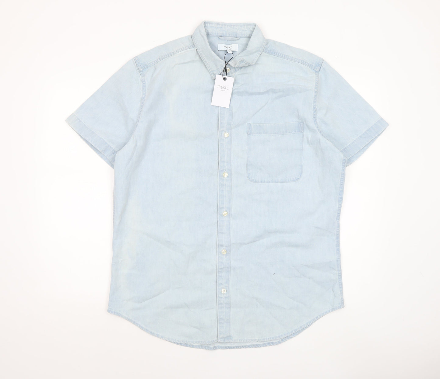 Next Men's Blue Short Sleeve Button-Up Cotton Shirt L 42-44in