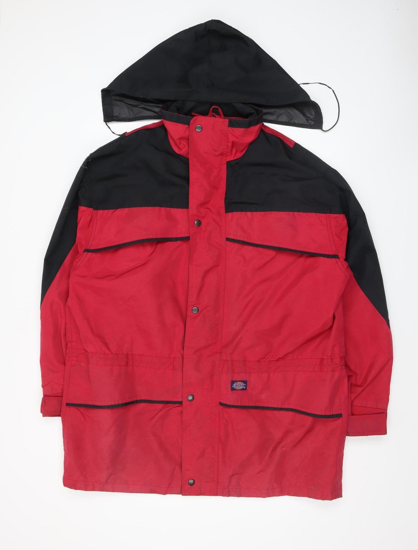 Dickies Men's Red & Black Parka Work Jacket L Hooded Waterproof Twill