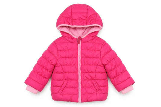 Front view of mamas & papas girls’ pink hooded puffer jacket 18-24 months winter coat