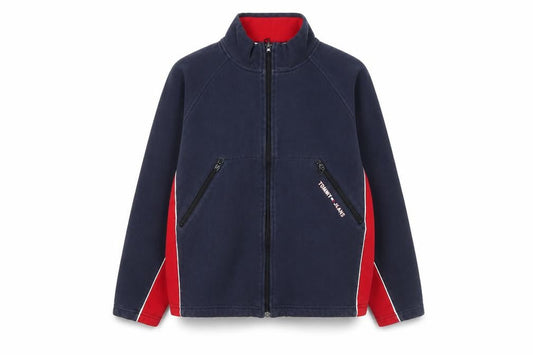 Front view of Tommy Hilfiger boys’ blue full zip cotton jacket, size L, classic logo