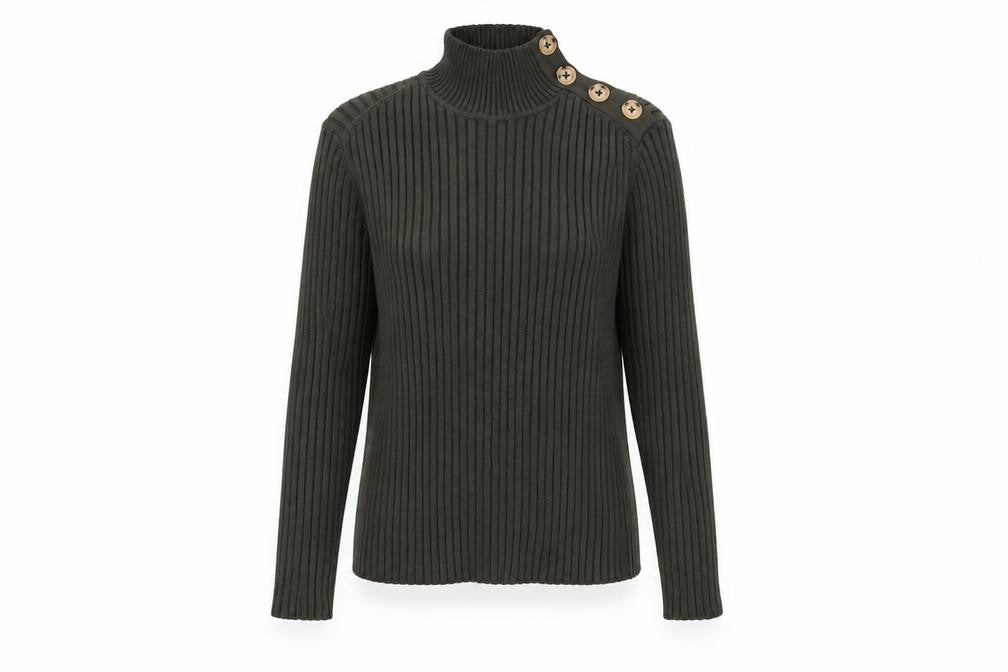 Hollys Women’s Green Rib Knit High Neck Button Jumper Size S
