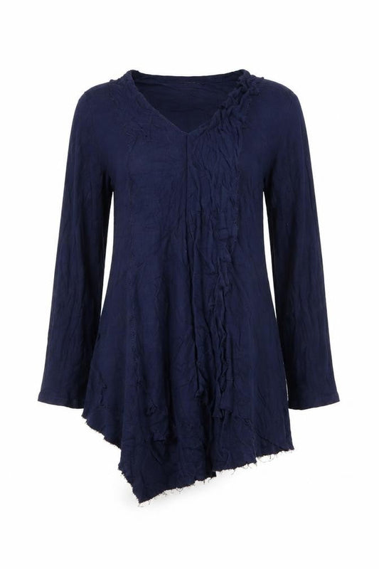 Cable & Gauge Women's Blue Long Sleeve V-Neck Ruffle Tunic Blouse Size L