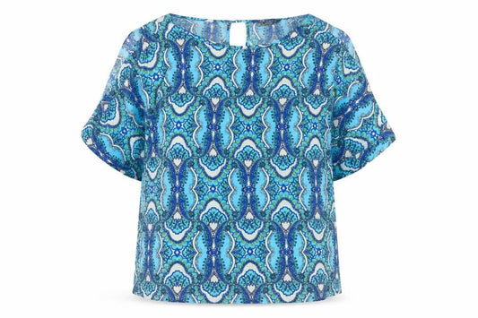 Front view of Dunnes Women Blue Paisley 3/4 Sleeve Viscose Tunic Blouse, size 14