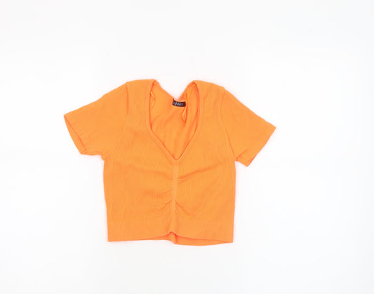Dunnes Women’s Orange Cropped V-Neck Ribbed Short Sleeve Top XS