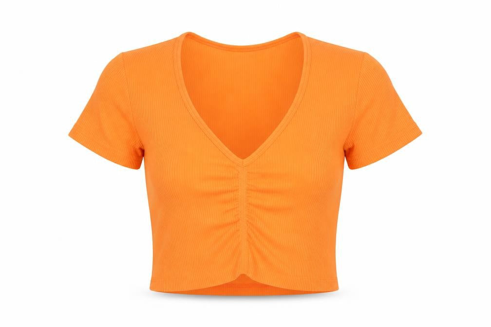 Front view of Dunnes Women’s Orange Cropped V-Neck Ribbed Short Sleeve Top XS