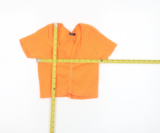 Dunnes Women’s Orange Cropped V-Neck Ribbed Short Sleeve Top XS