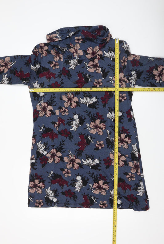 Voulez Vous Women's Blue Floral Shift Dress Size 14 Long Sleeve Cowl Neck