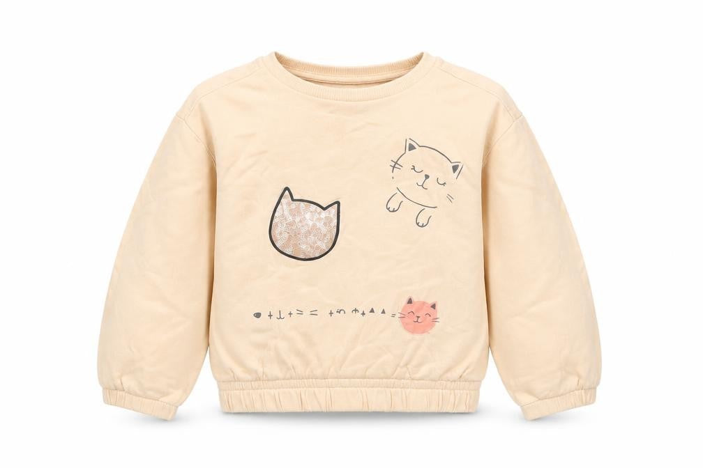 Front view of United Colors of Benetton girls’ beige cat print pullover sweatshirt 6 years