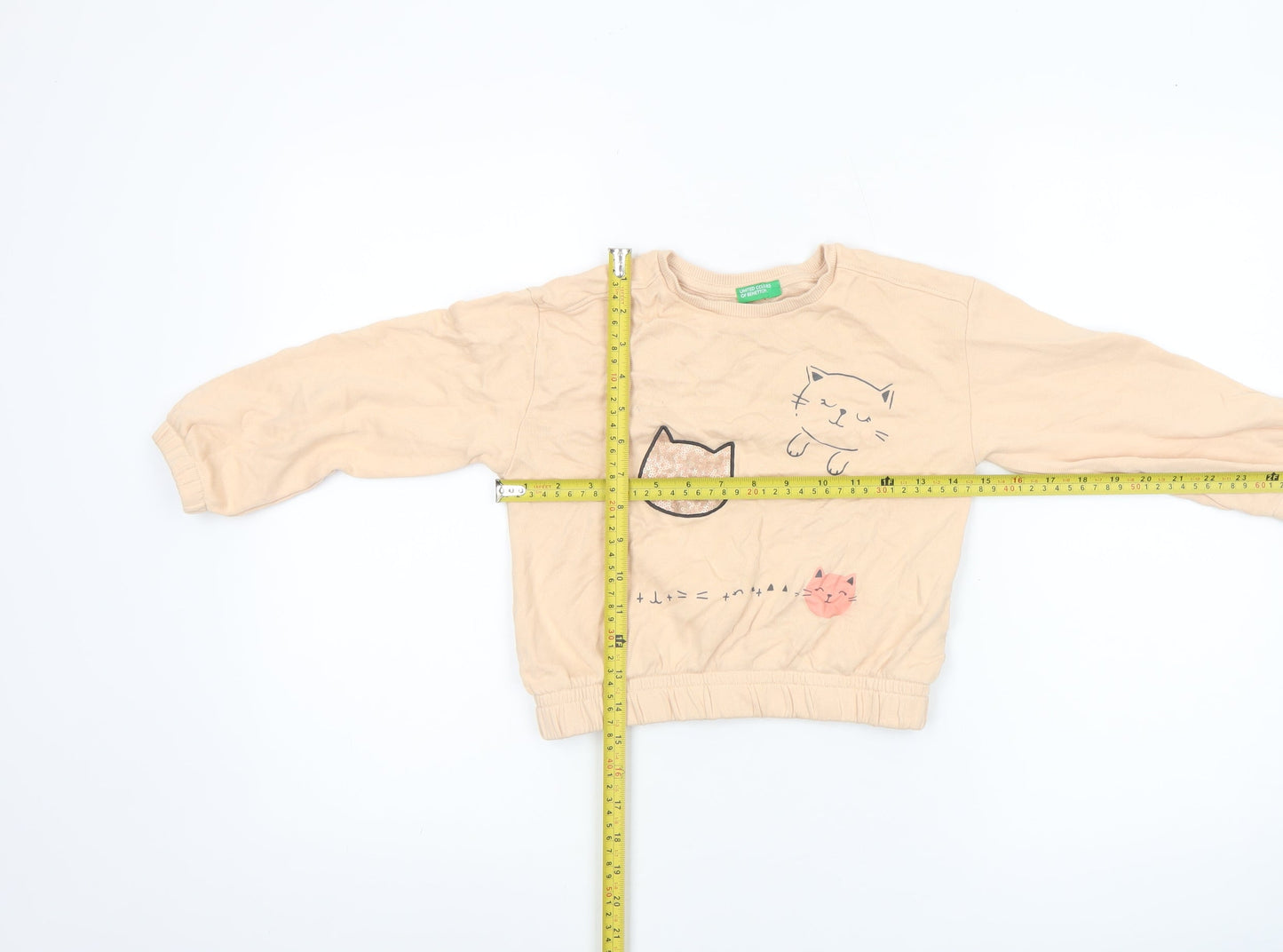 United Colors of Benetton Girls Beige Cat Print Pullover Sweatshirt 6 Years