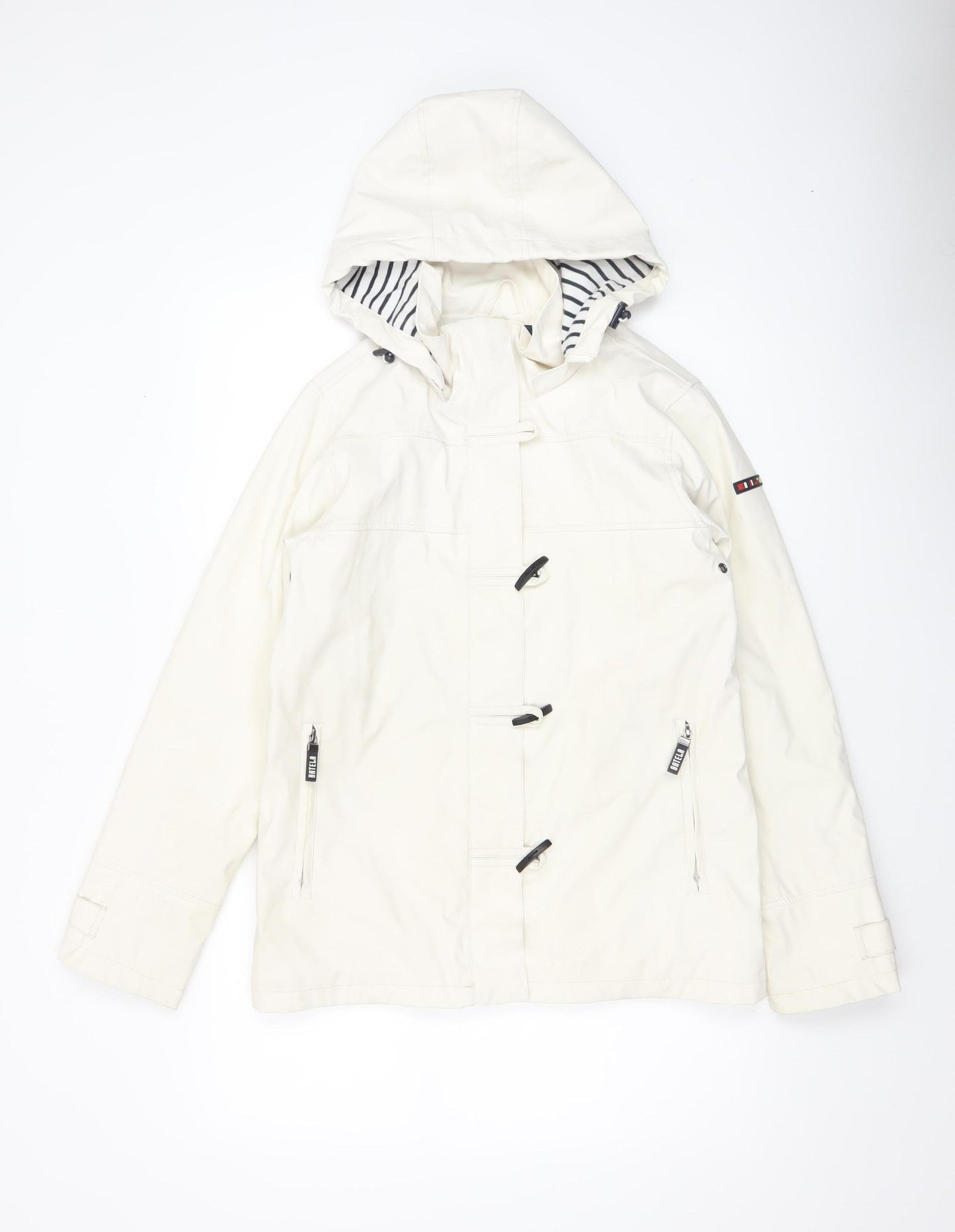 Batela Women’s White Hooded Nautical Rain Coat Jacket Size 8