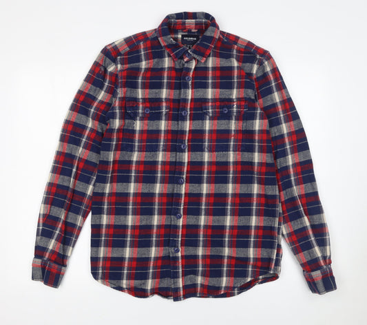 Pull&Bear Men's Red Navy Check Flannel Button-Up Shirt Size S