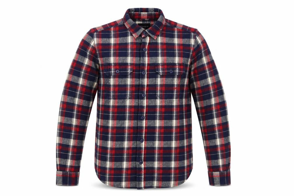 Front view of Pull&Bear Men's Red Navy Check Flannel Button-Up Shirt, size S