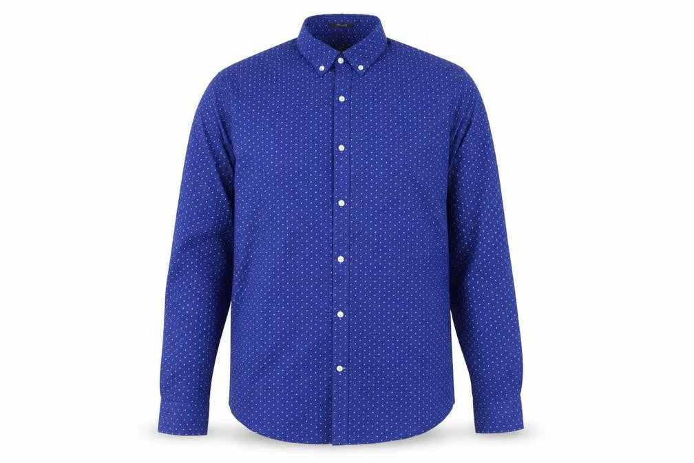 Front view of Sfera Men Blue Regular Fit Button-Up Polka Dot Long Sleeve Shirt M