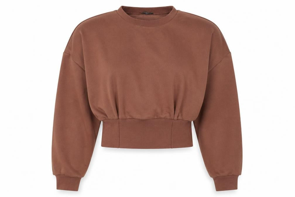 Boohoo Women Brown Crop Pullover Sweatshirt UK 14 Cotton Relaxed Fit