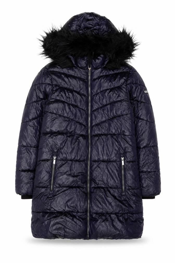 Front view of Next girls’ blue puffer coat 11 years hooded long winter jacket with faux fur trim