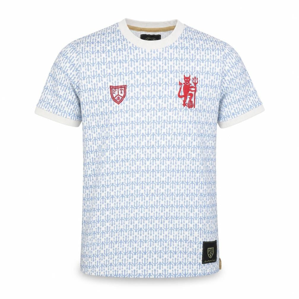 Front view of Football Town Men's Blue Graphic Print T-Shirt, size S, Cotton Crew Neck
