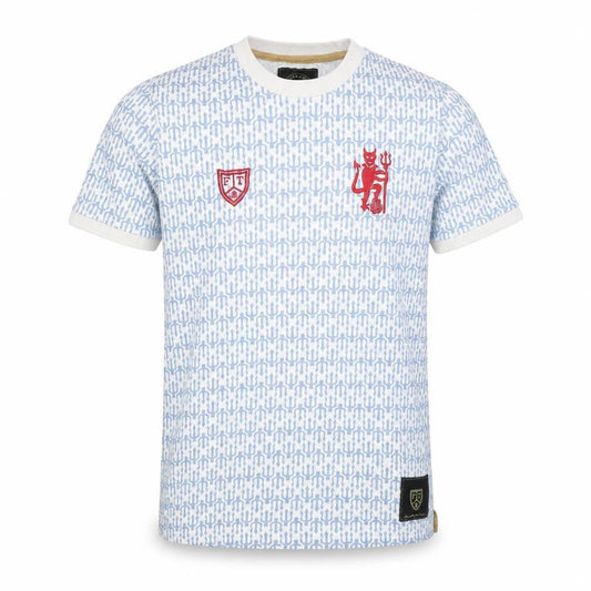 Front view of Football Town Men's Blue Graphic Print T-Shirt, size S, Cotton Crew Neck