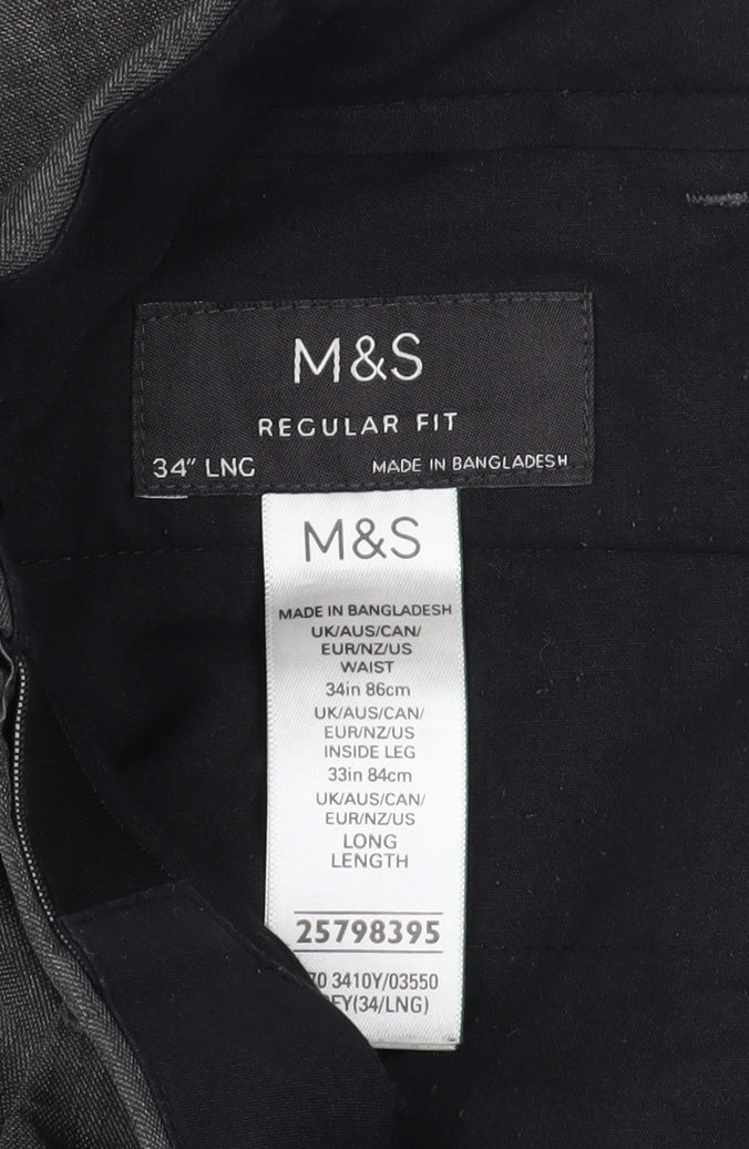 Marks and Spencer Men's Grey Regular Fit Dress Trousers 34W 33L