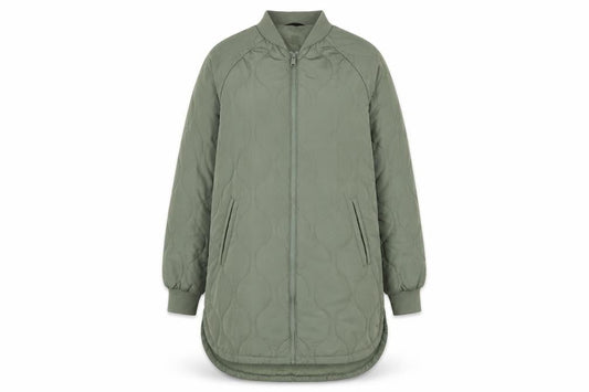 Front view of Dunnes women’s green quilted mid-length zip jacket xs
