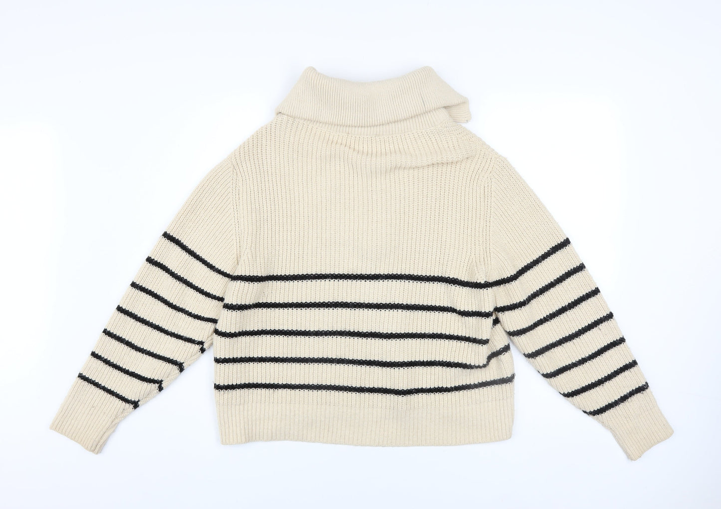 Pull&Bear Women Beige Striped Collared Half Zip Chunky Knit Jumper S