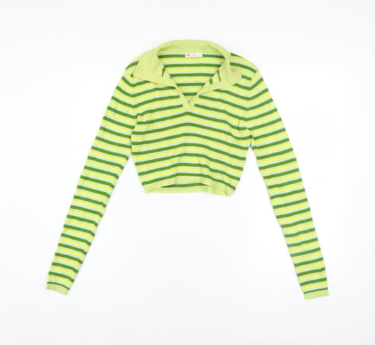 STR Women’s Green Striped Collared Cropped Knit Top Size 12