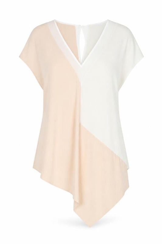 Zara Women Beige White Colourblock V-Neck Tunic Blouse Size M