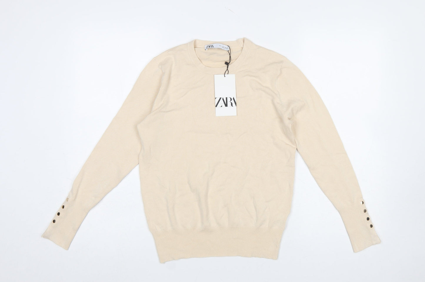 Zara Women Beige Crew Neck Long Sleeve Pullover Jumper Size L