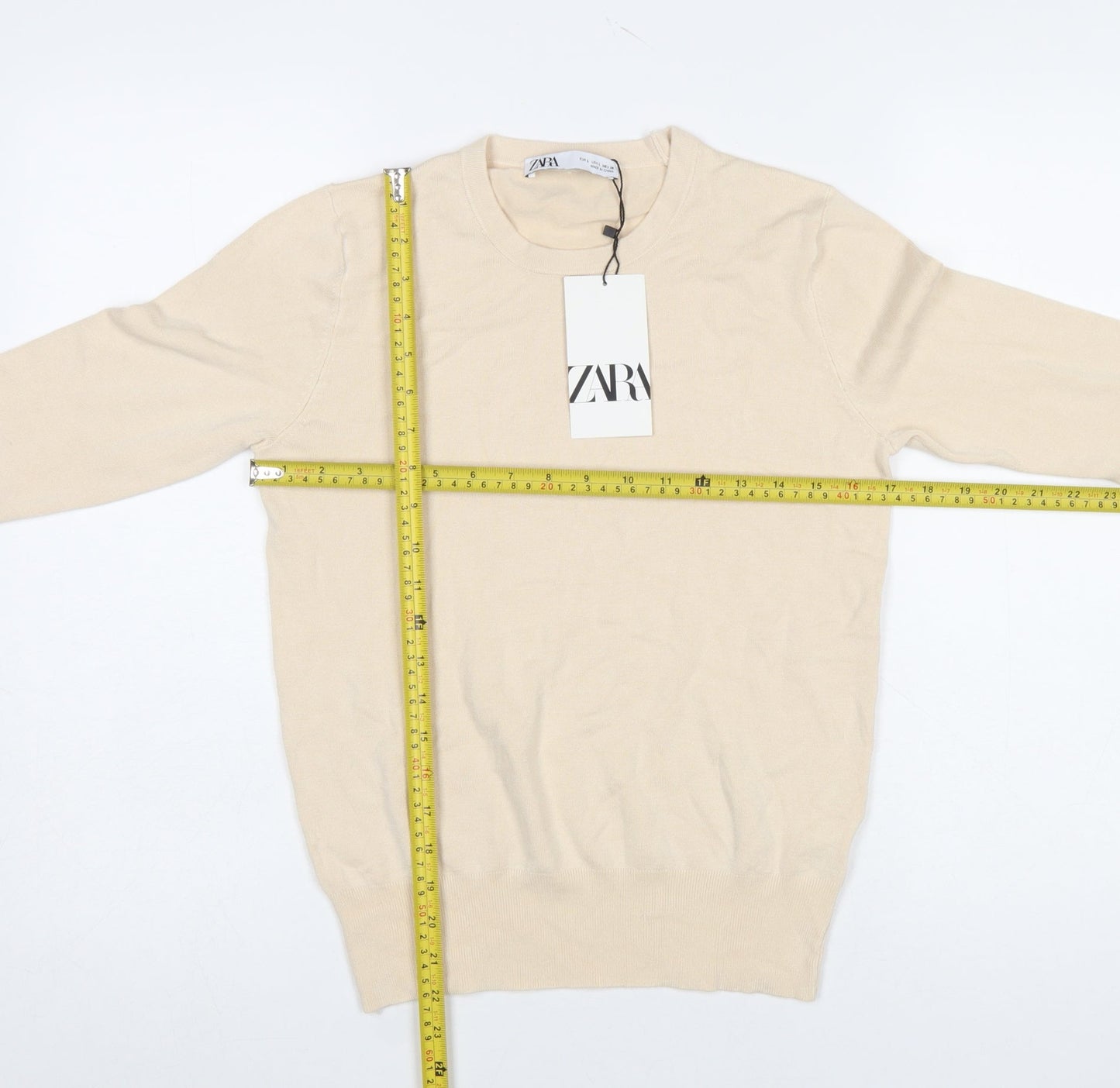 Zara Women Beige Crew Neck Long Sleeve Pullover Jumper Size L
