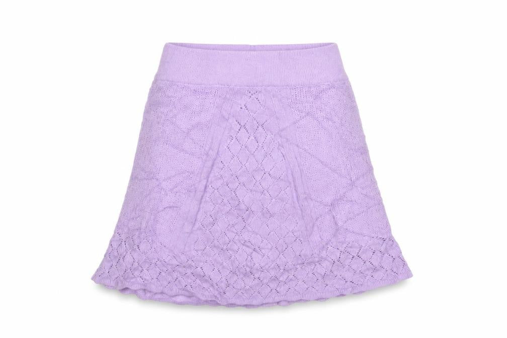 Front view of ASOS women’s purple knit a-line skirt, size UK 10, boho style