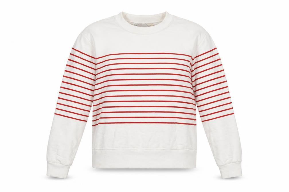 MNG Women Ivory Red Striped Crew Neck Pullover Sweatshirt L